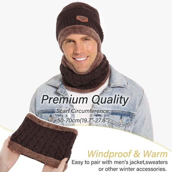 🆕 Men Brown Fleece Lined Winter Cap Beanie Scarf Set Knit Neck Warmer Nice Hat - Picture 5 of 6
